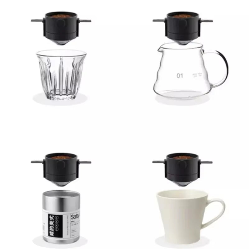 Portable Hand-Brewed Coffee Filter Cup Stainless Steel Folding Ear Filter Drip-Free Coffee Filter Cup with Bottom Tray
