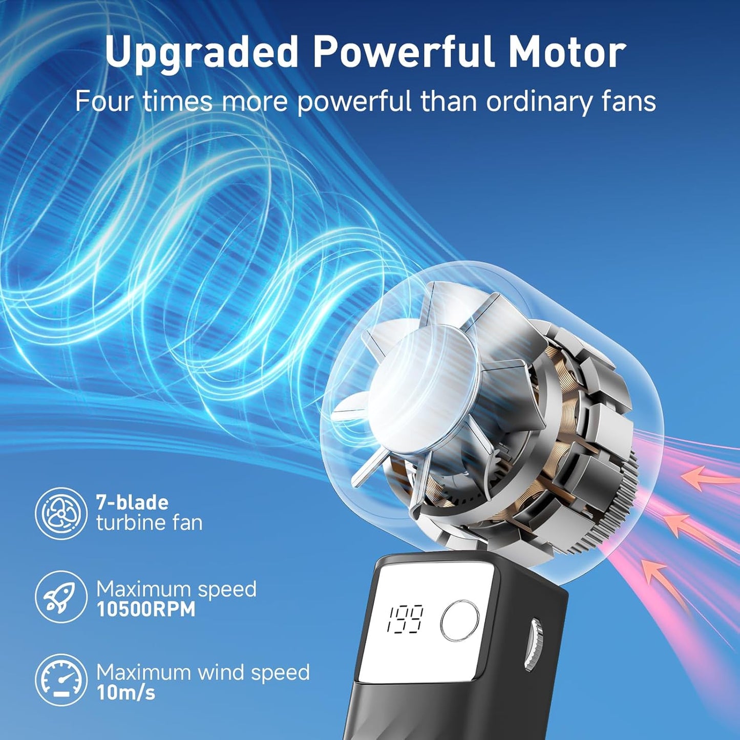 Portable Handheld Turbo Fan - Foldable Mini Fan with Air Turbo Tech, 1-199 Speed Adjustment, 20H Runtime, LED Display, Battery-Powered for Indoor/Outdoor Use, Dark Black