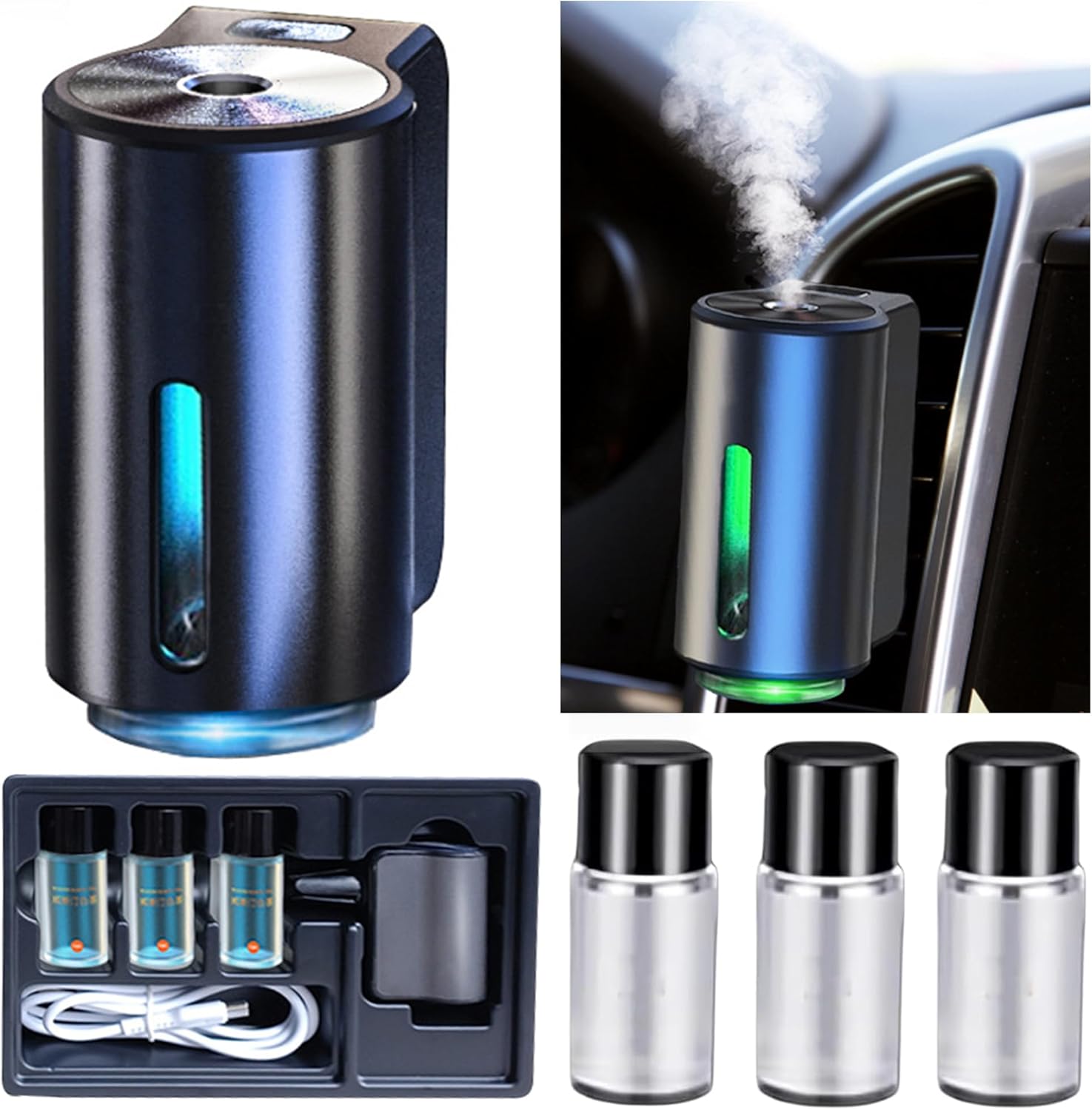 Smart Rechargeable Car Air Freshener & Aroma Diffuser with Adjustable Settings and 3 Cologne Bottles