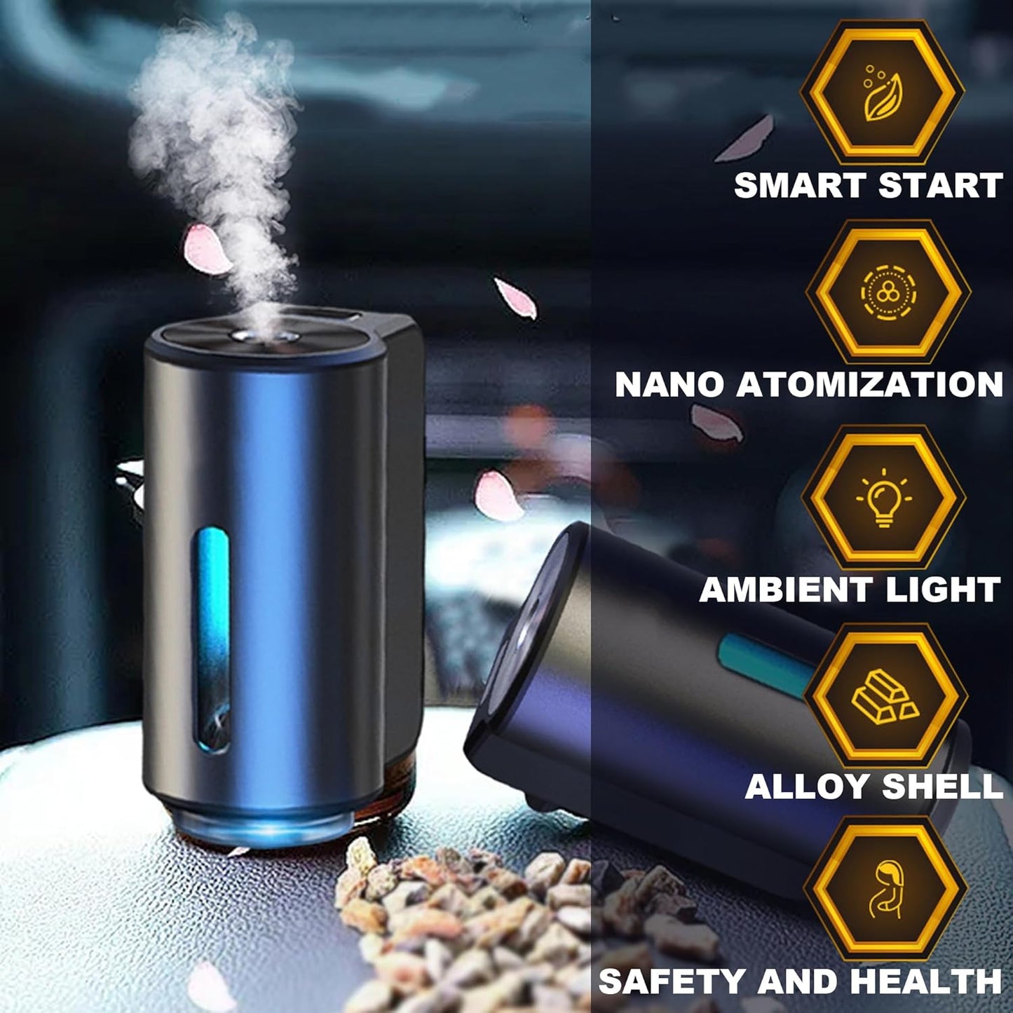 Smart Rechargeable Car Air Freshener & Aroma Diffuser with Adjustable Settings and 3 Cologne Bottles